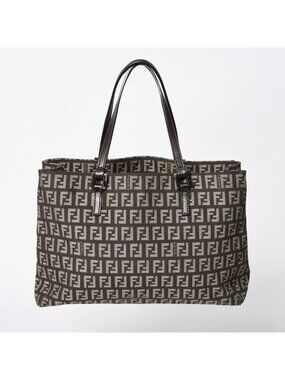 Fendi Zucchino Pattern Handbag Canvas Leather Brown Black Metal